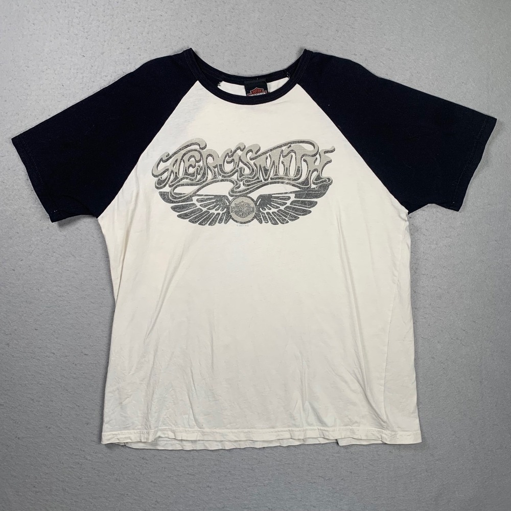 Harley-Davidson Shirt Mens XL Aerosmith White Black Raglan Band Music Biker